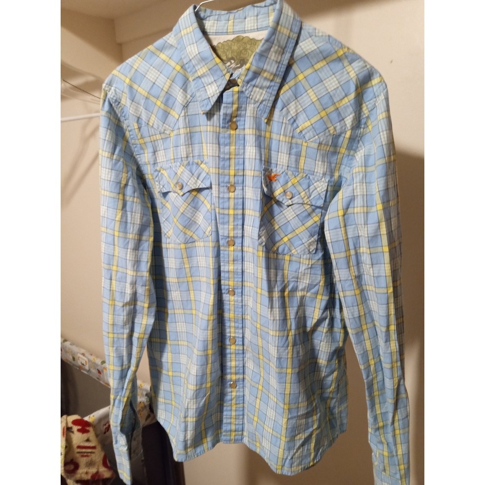 Hollister Mens Plaid Western Snap Button Shirt Blue Yellow Cotton Medium